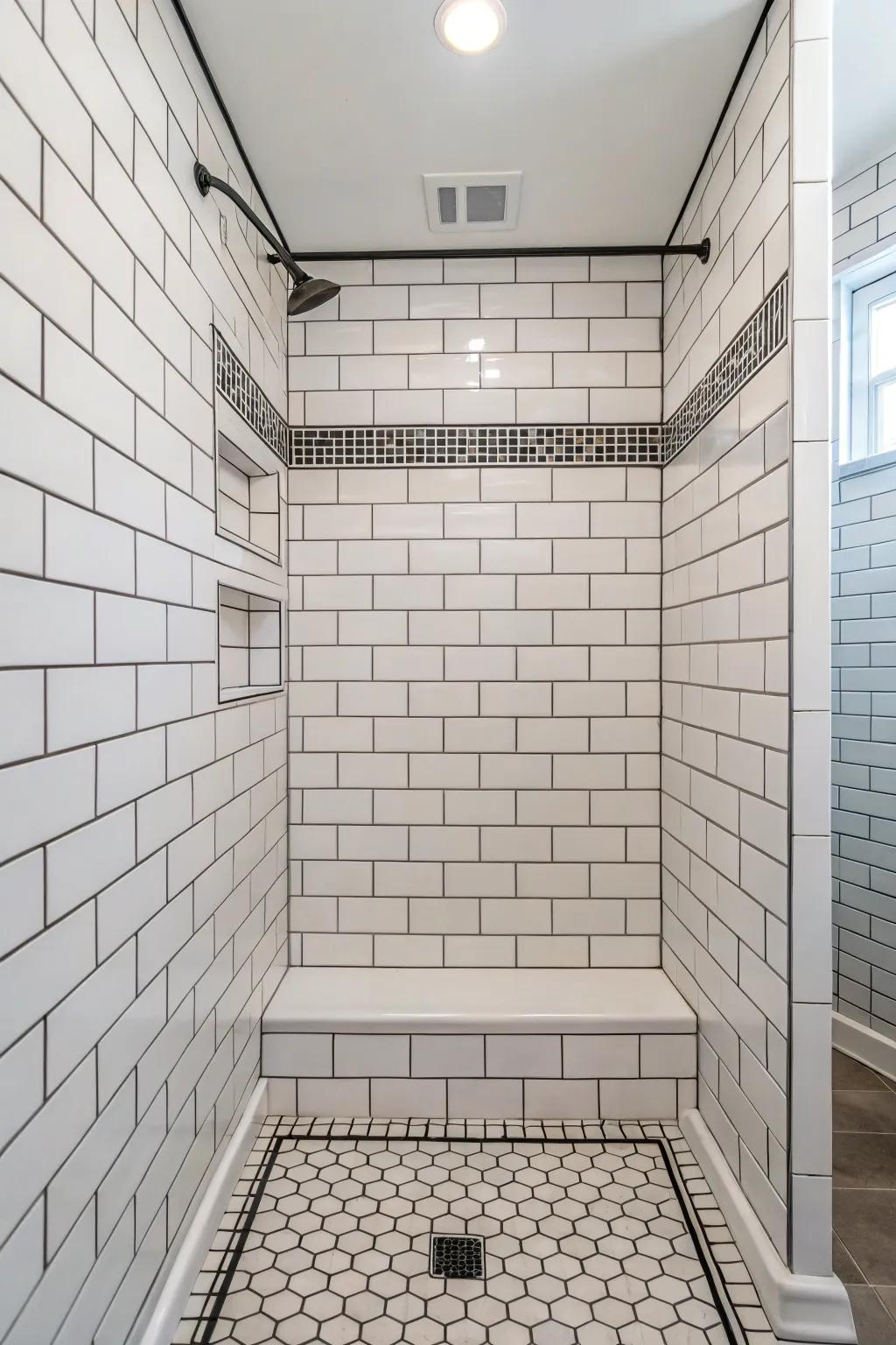 Classic white subway tiles in a shower with contrasting grout lines.