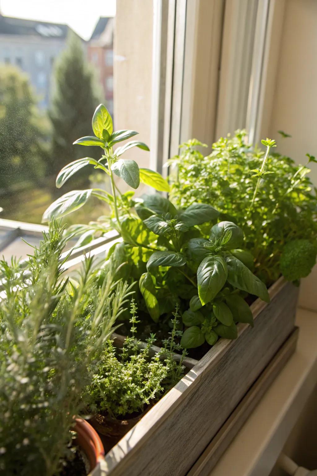 A window box filled with fresh herbs for a practical and beautiful display