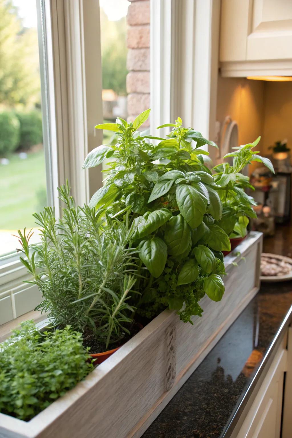 A window box brimming with fresh herbs for culinary delights.