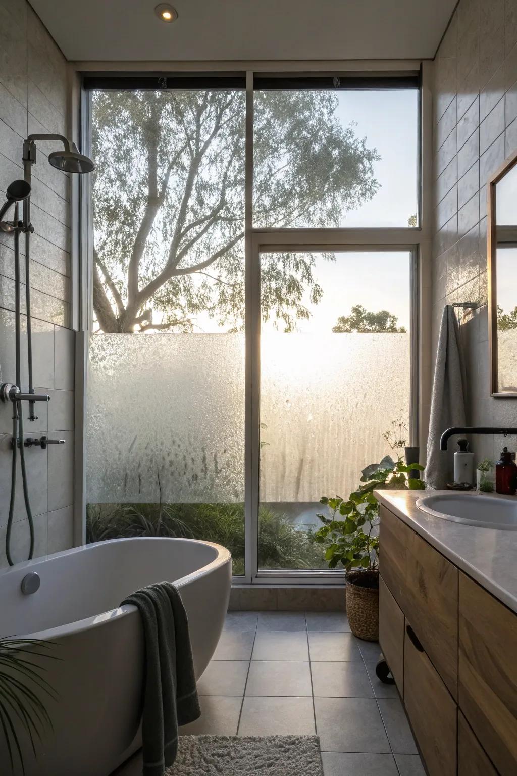 A shower featuring a frosted glass window that offers privacy while letting in soft natural light.