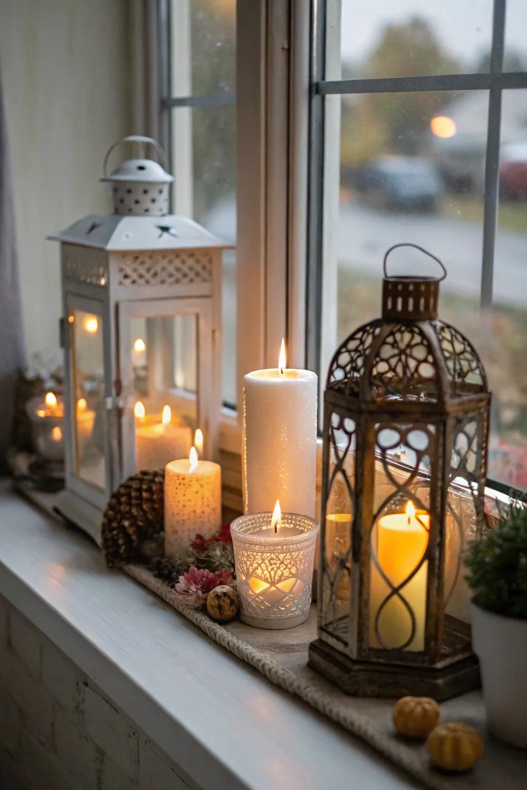 Candles and lanterns casting a warm glow on a window sill.