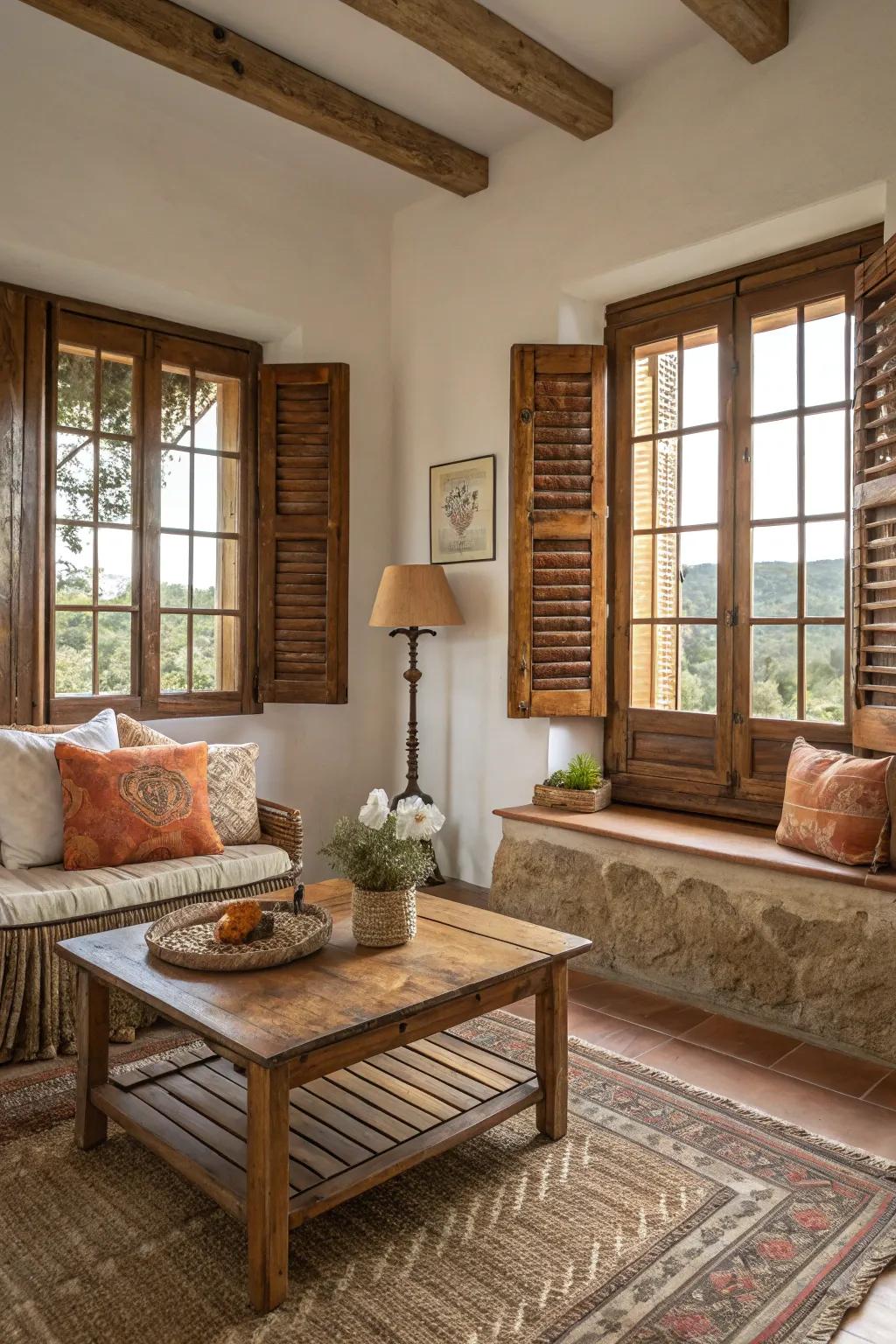 Add rustic elegance with timeless wooden shutters.