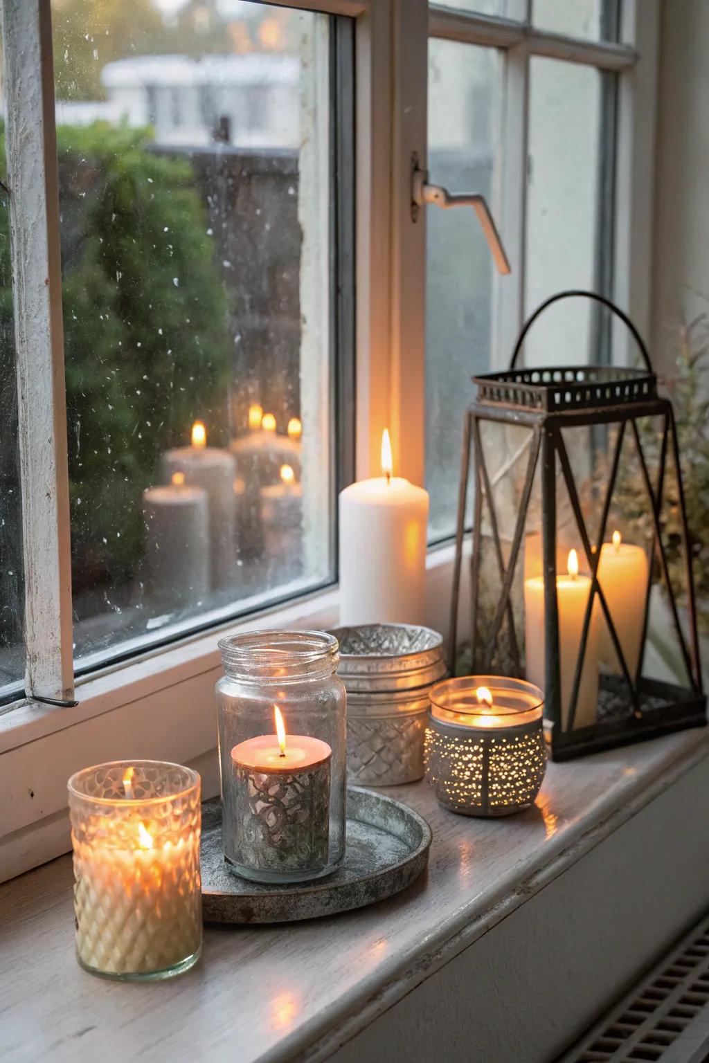 Candles on the windowsill create a serene and cozy ambiance.