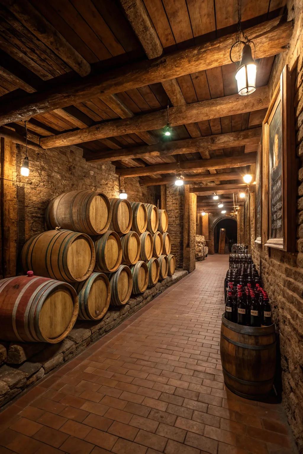 Rustic wine cellar featuring wooden beams and ambient lighting.