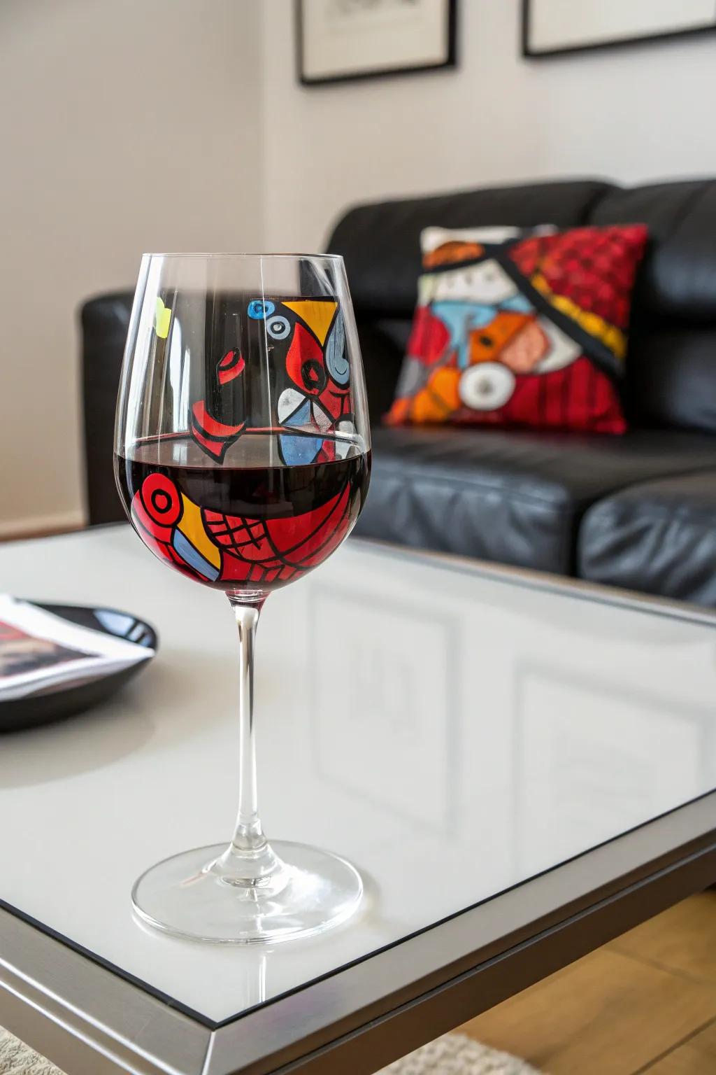 Abstract art on wine glass turns every sip into an artistic experience.