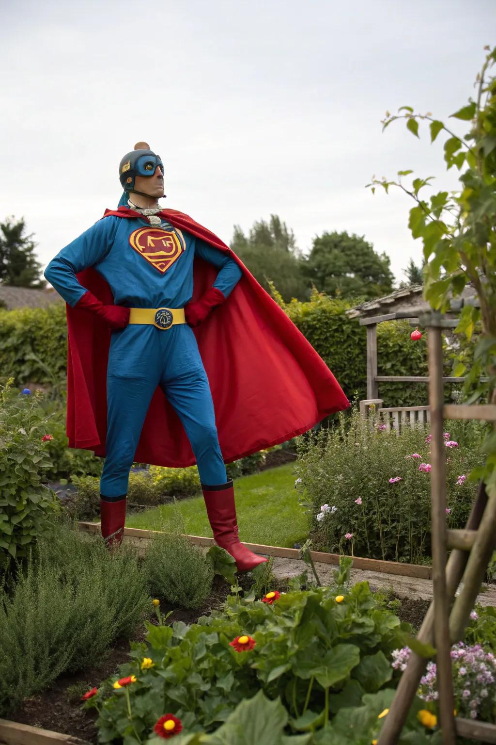 A superhero scarecrow, ready to take on any garden villains.