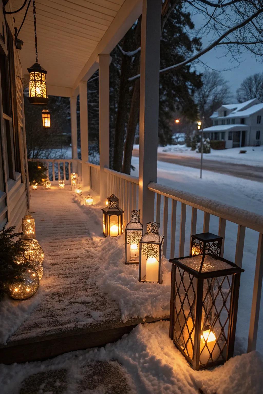 A winter porch softly lit by a collection of glowing lanterns.