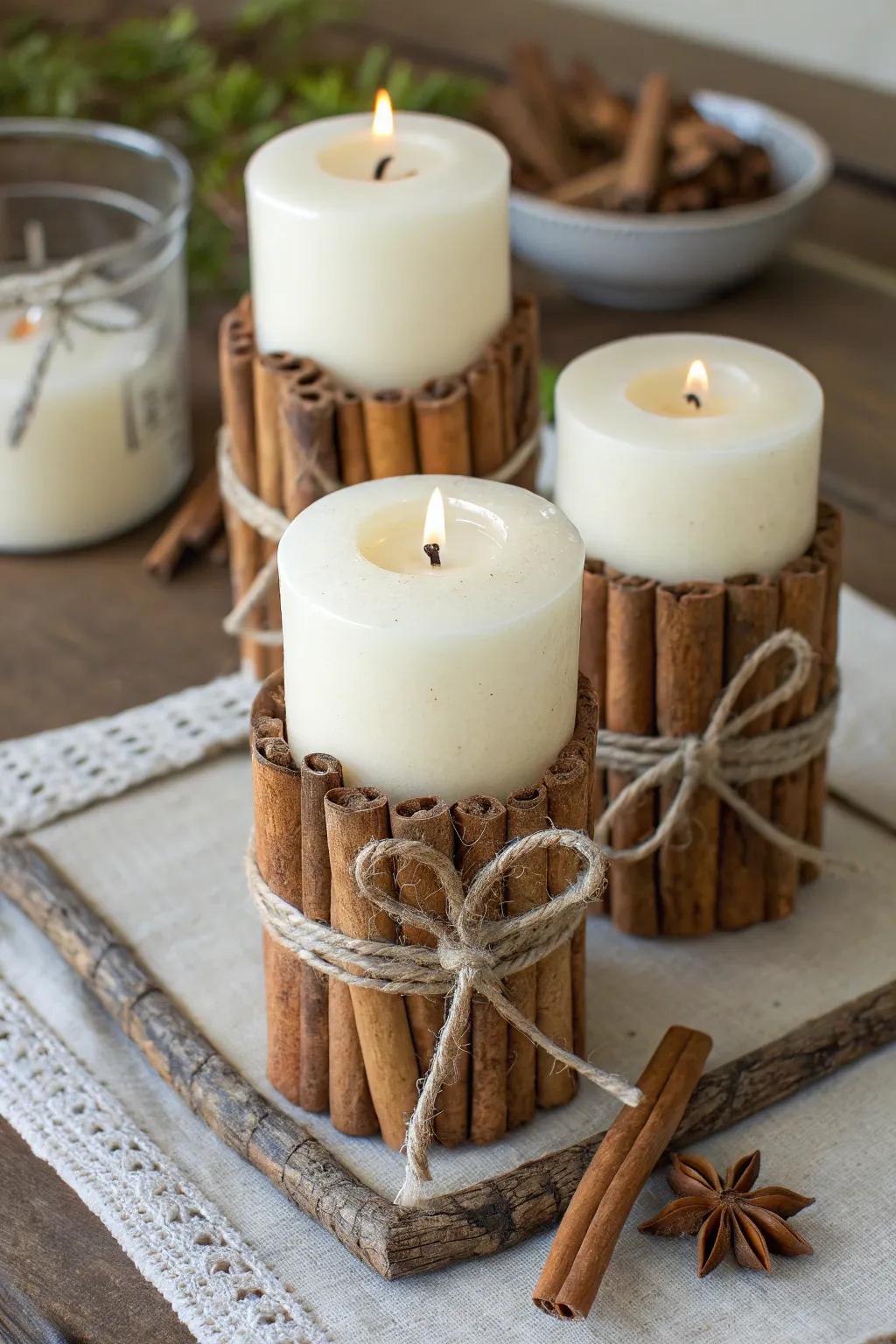 Cinnamon stick candle holders add a warm glow and delightful scent to any space.