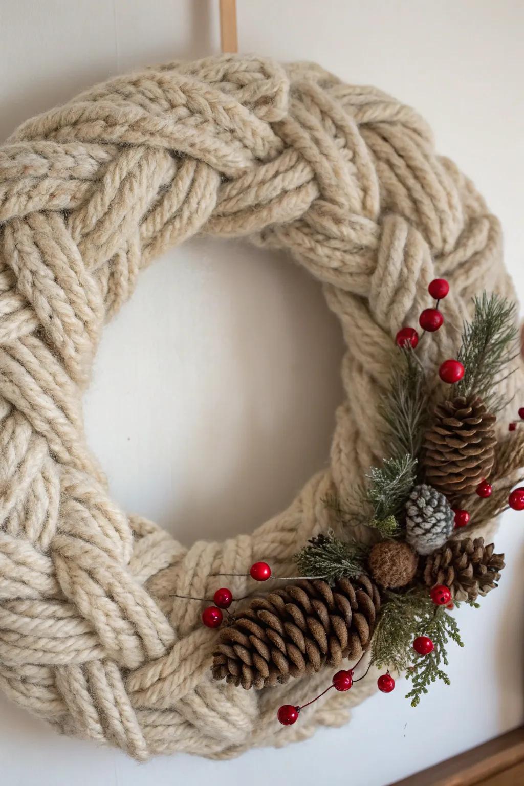 Warm up your entryway with a wool-wrapped wreath.