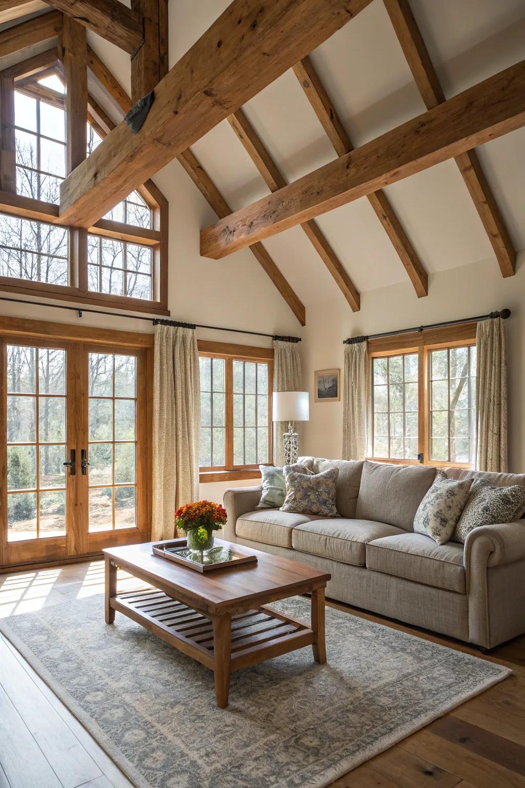 Open and airy living space with wood beams and natural light.