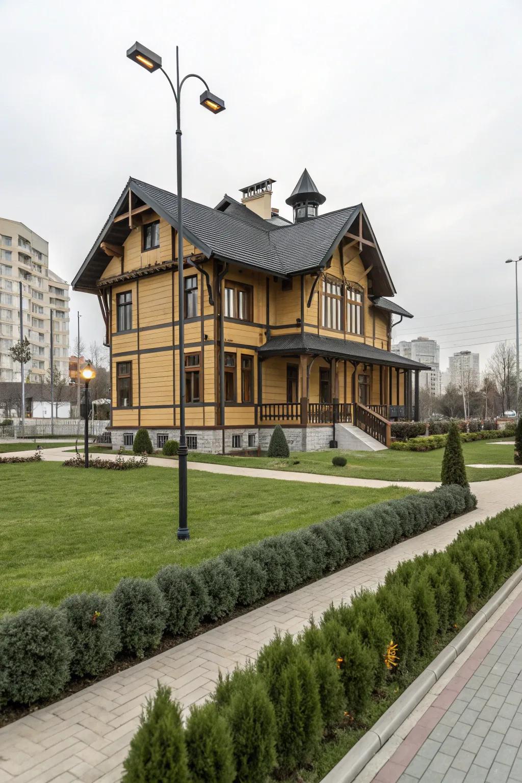 A modern wooden house featuring a striking contrast between dark trims and light walls.