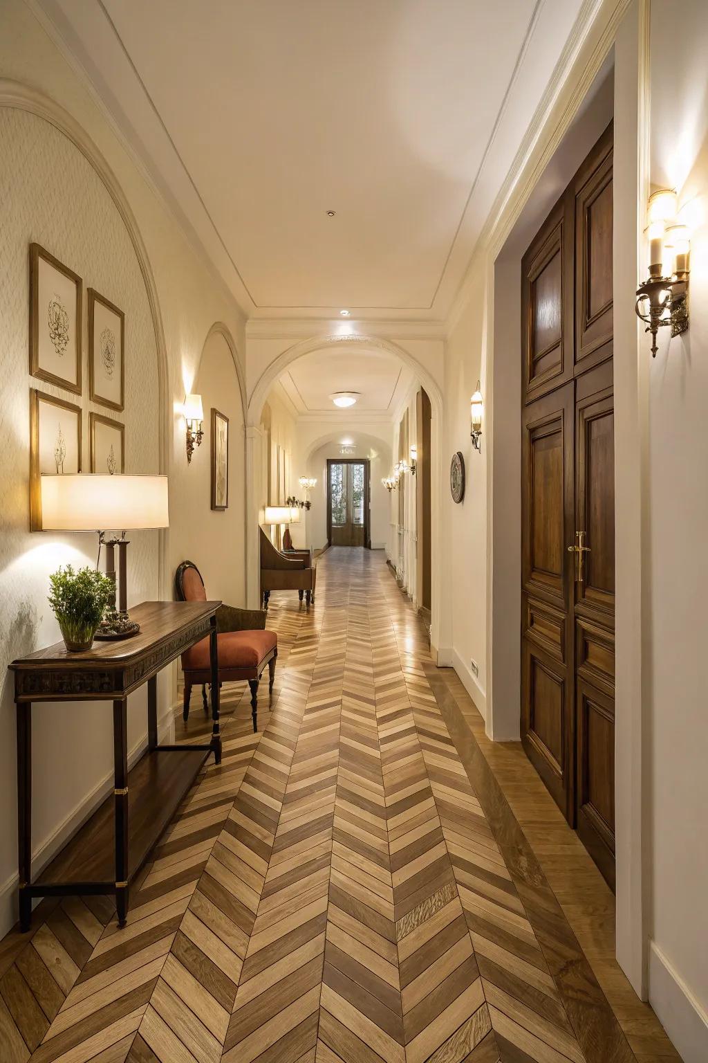 A chic hallway featuring a striking chevron wood pattern floor.
