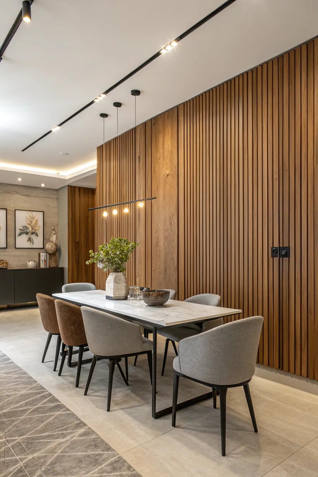 A dining room with vertically arranged wood panels for a modern touch.