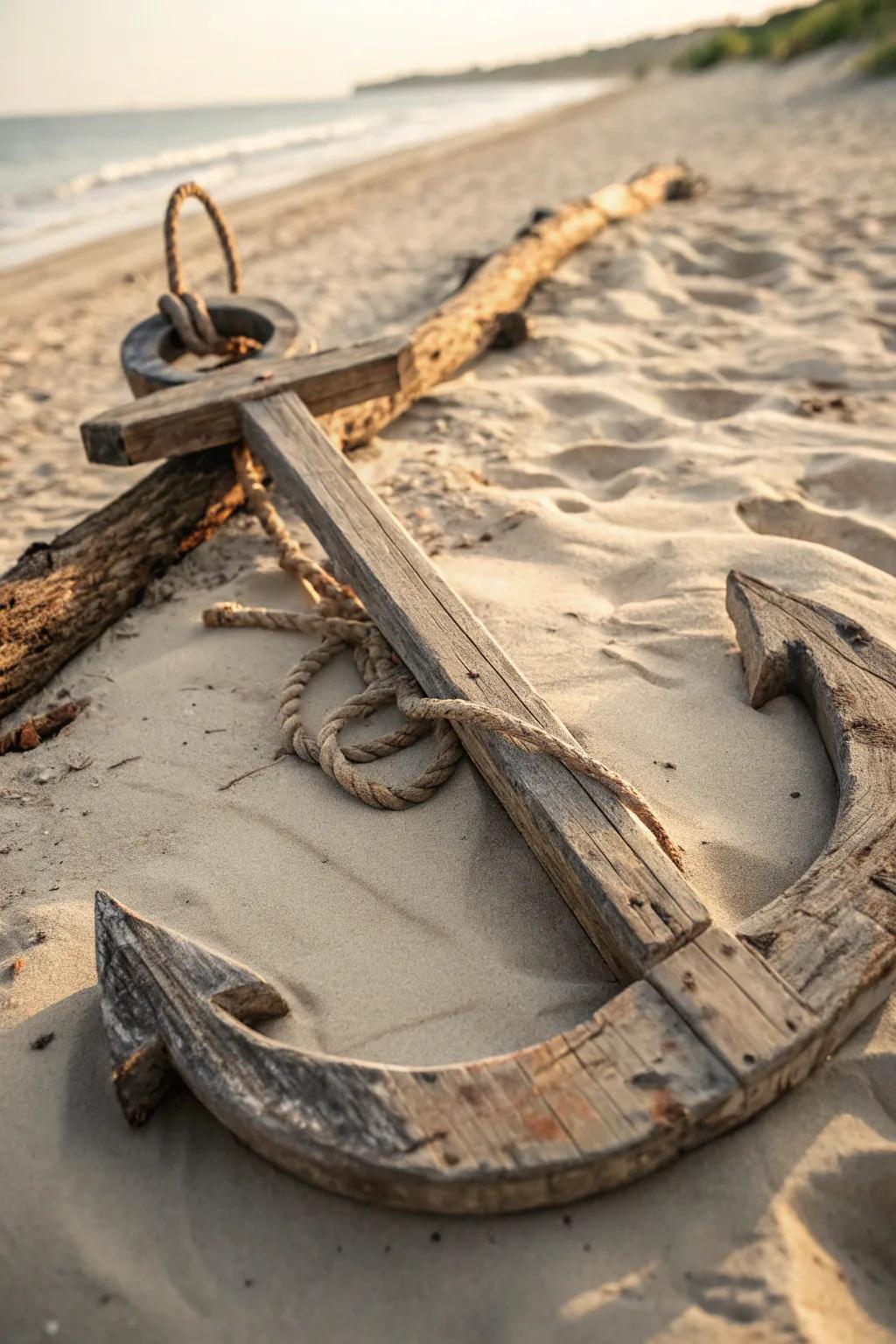 Weathered wooden anchor with rustic charm