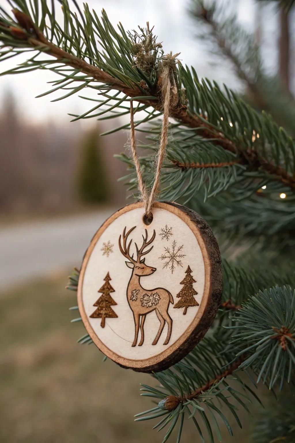 A rustic reindeer design etched into a wooden circle ornament.