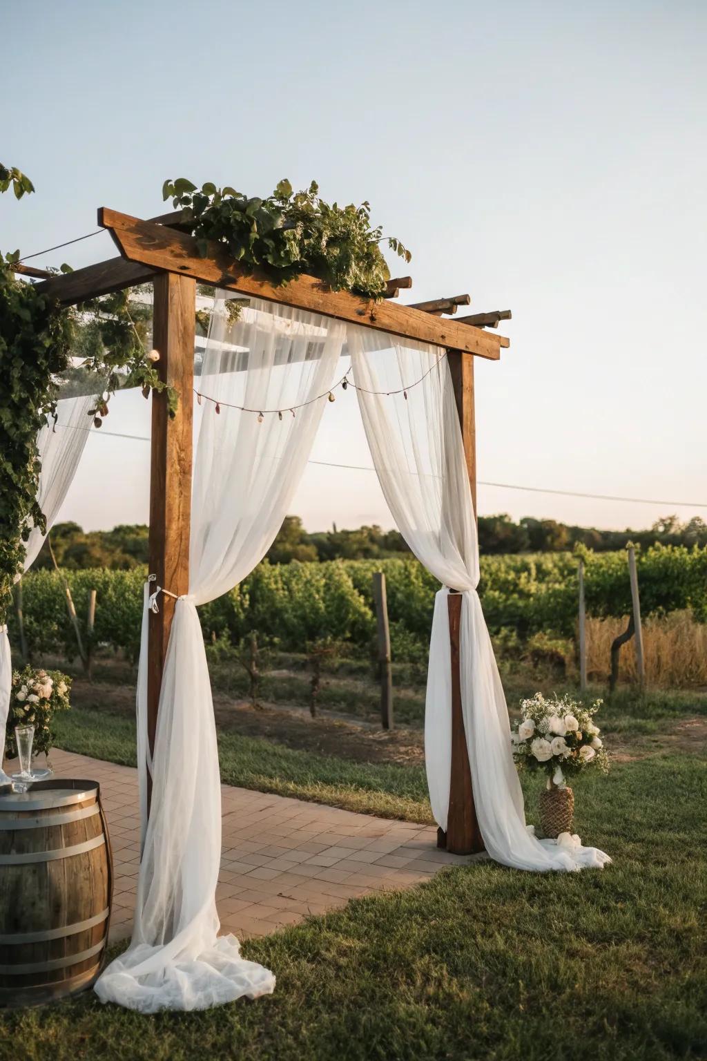 Romantic drapes on a wooden arch create an ethereal ambiance.