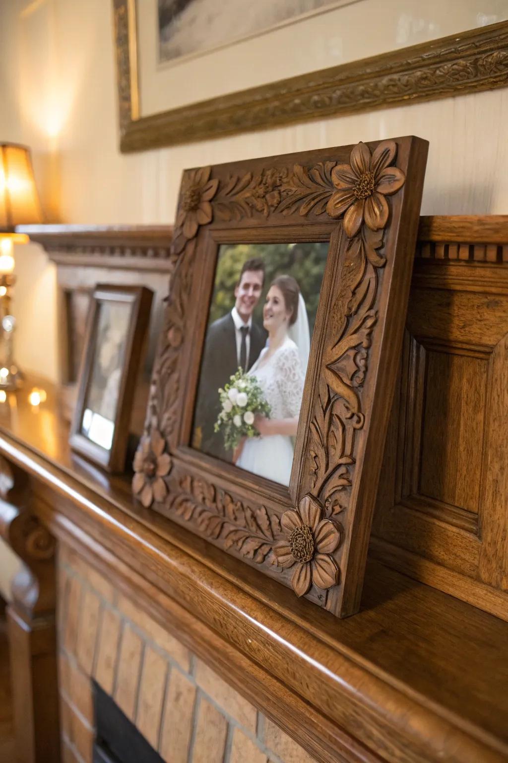 A personalized wooden photo frame to highlight a special wedding moment.