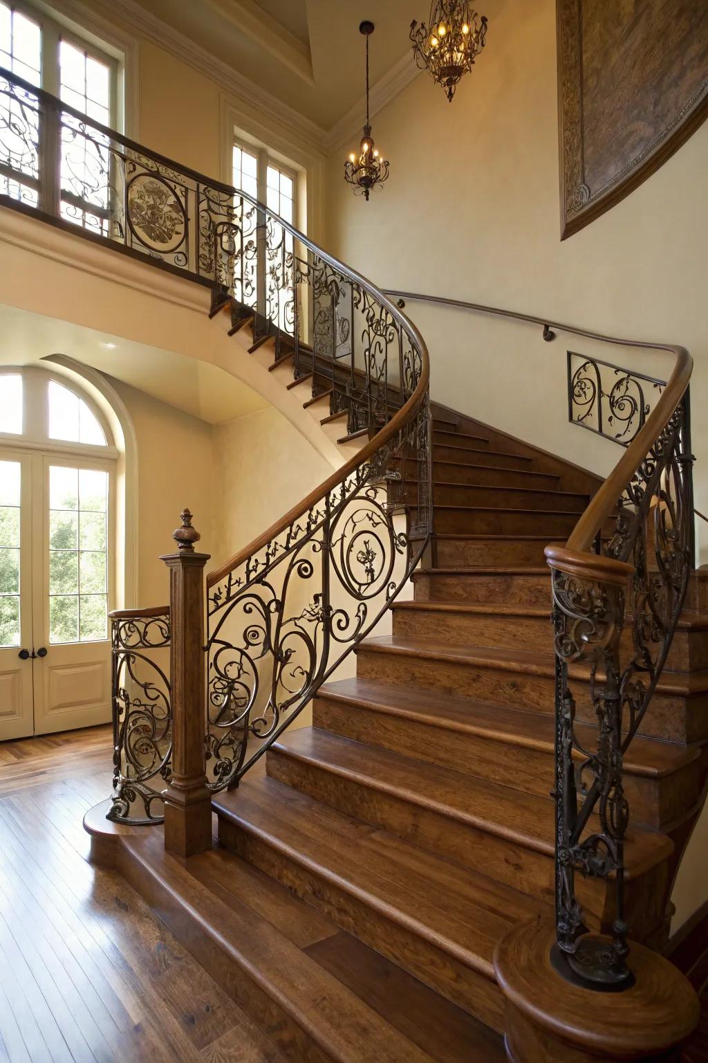 Wrought iron railings add sophistication to any staircase.