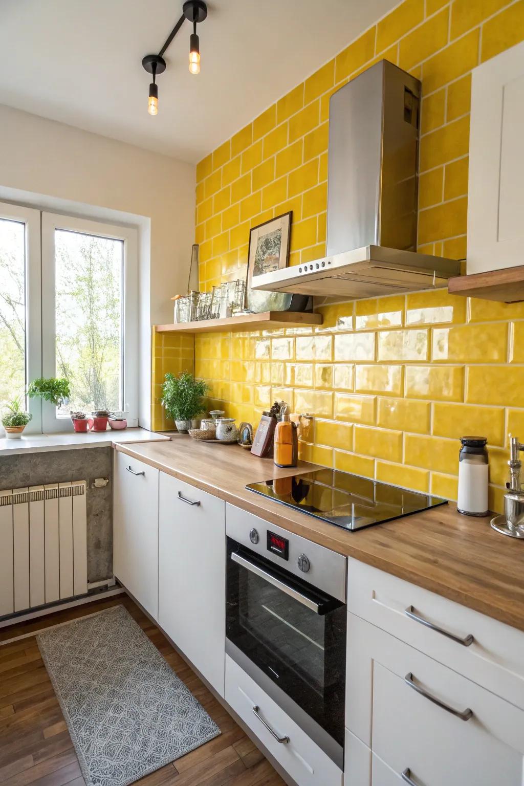 A sunny yellow backsplash adds a vibrant touch without dominating the room.