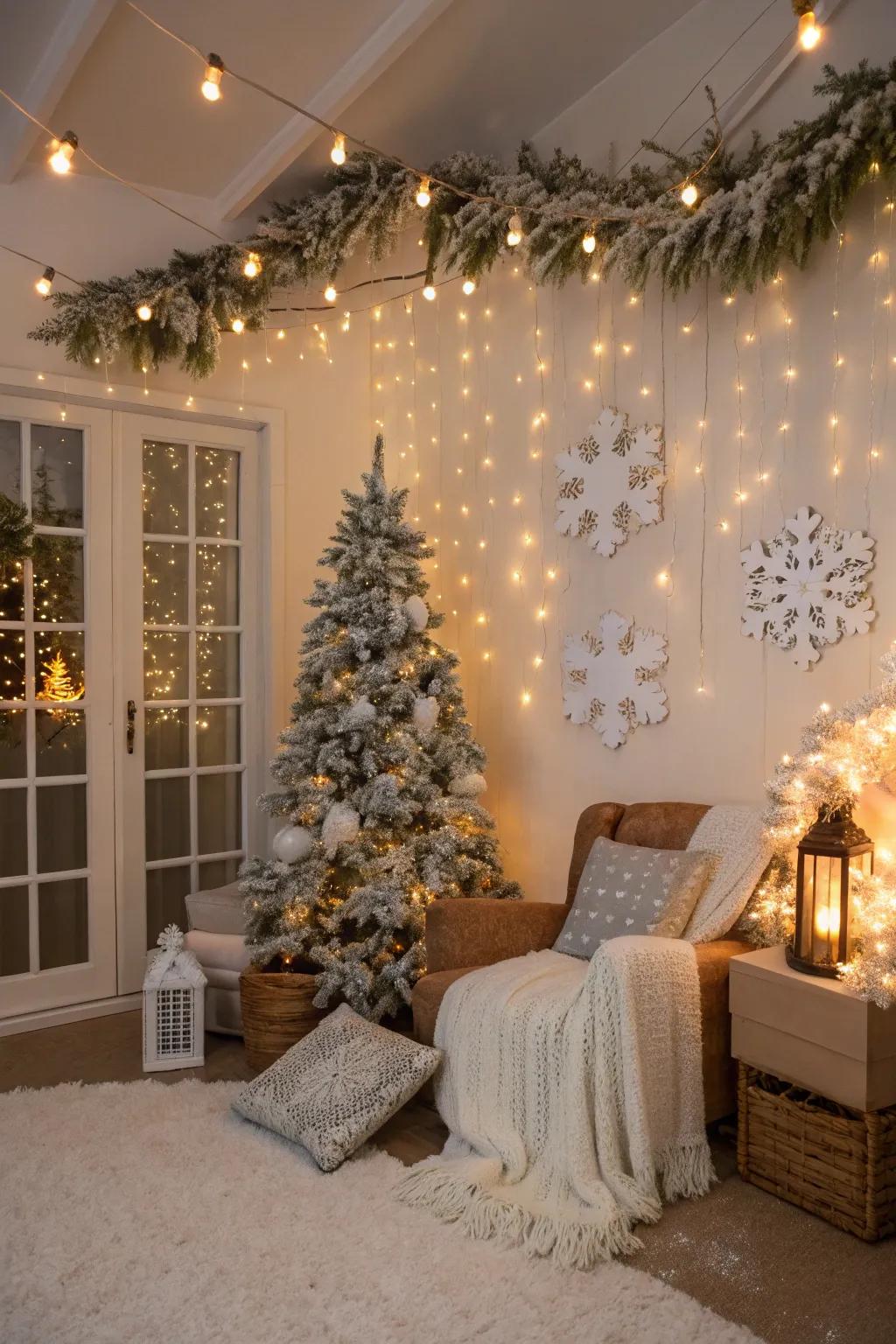 A winter wonderland theme with snow-like decorations and cozy vibes.