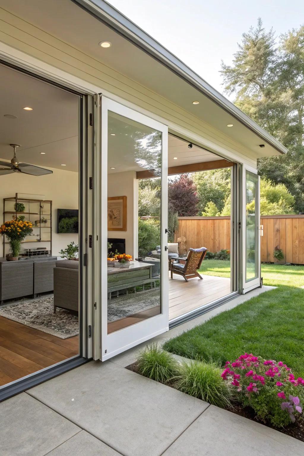 Large sliding doors create a harmonious flow between indoor and outdoor spaces.