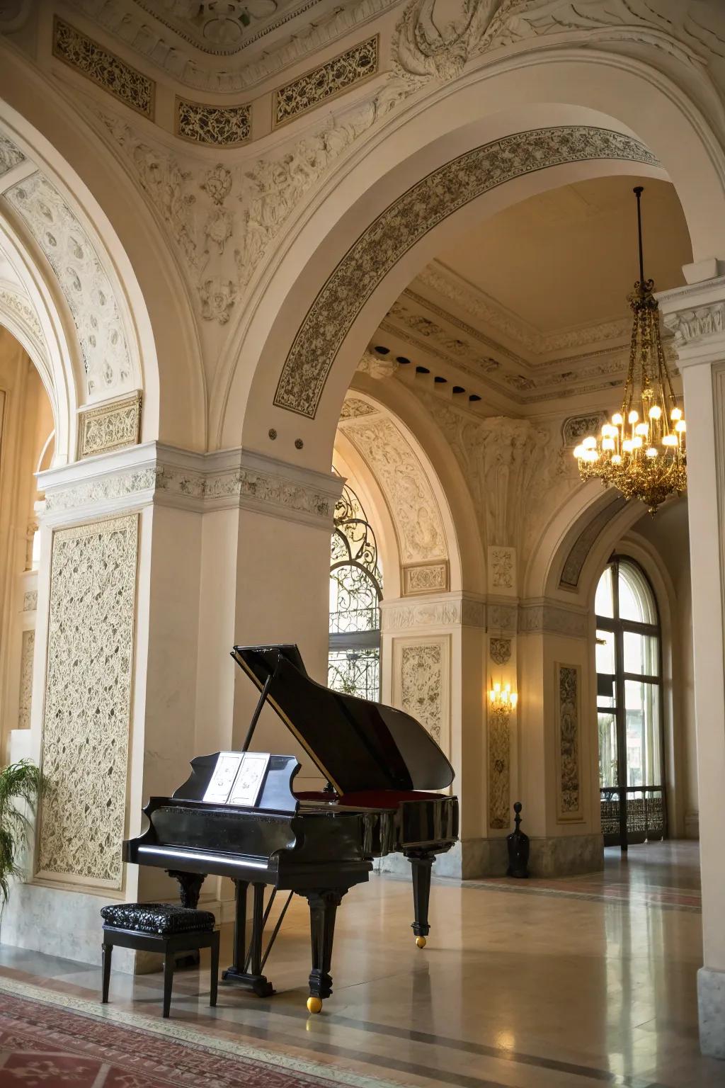 Architectural features beautifully complement the piano setting.