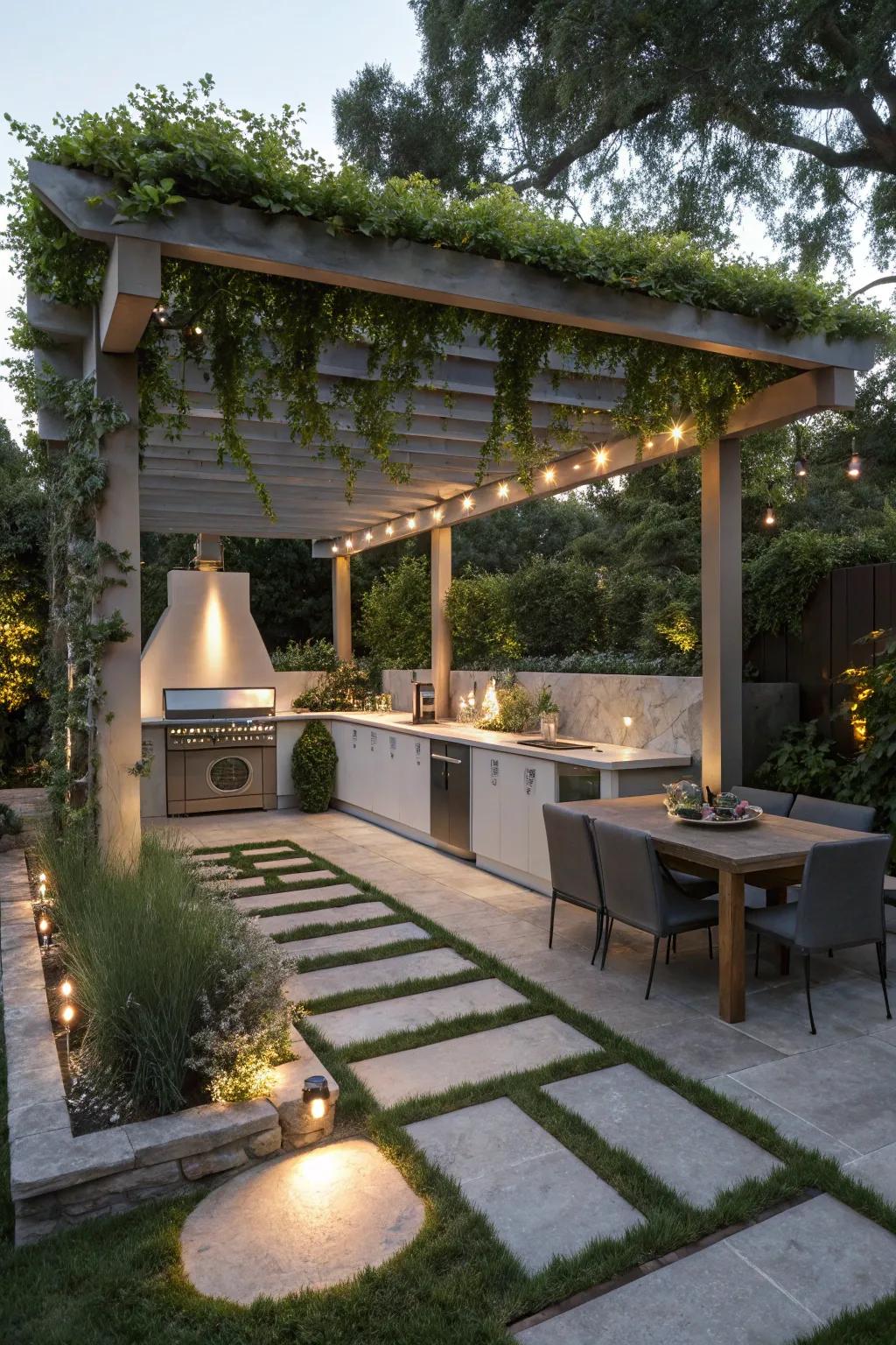 A Zen garden pergola creates a peaceful and harmonious outdoor kitchen.