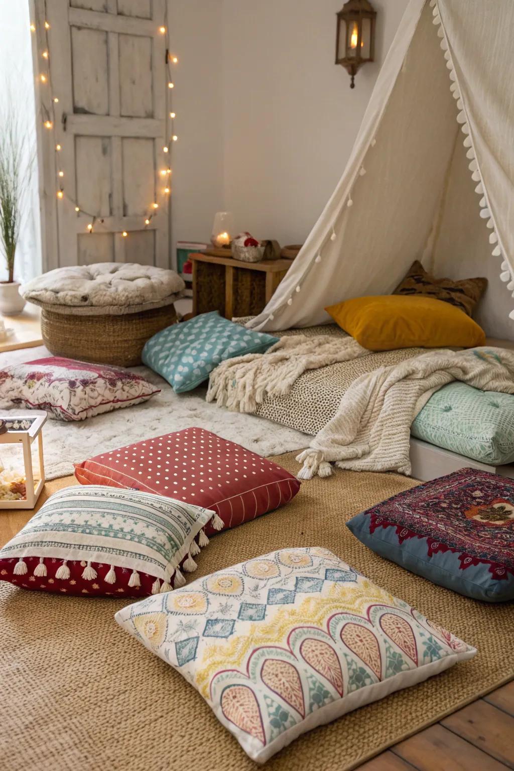 Floor cushions encourage casual lounging.