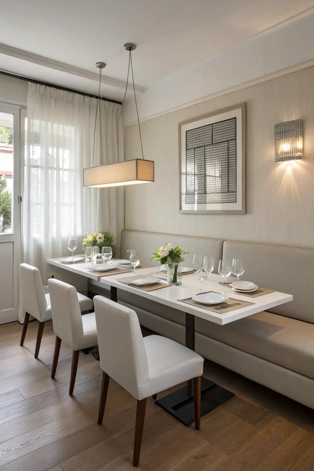 A minimalist dining room featuring sleek banquette seating with clean lines.