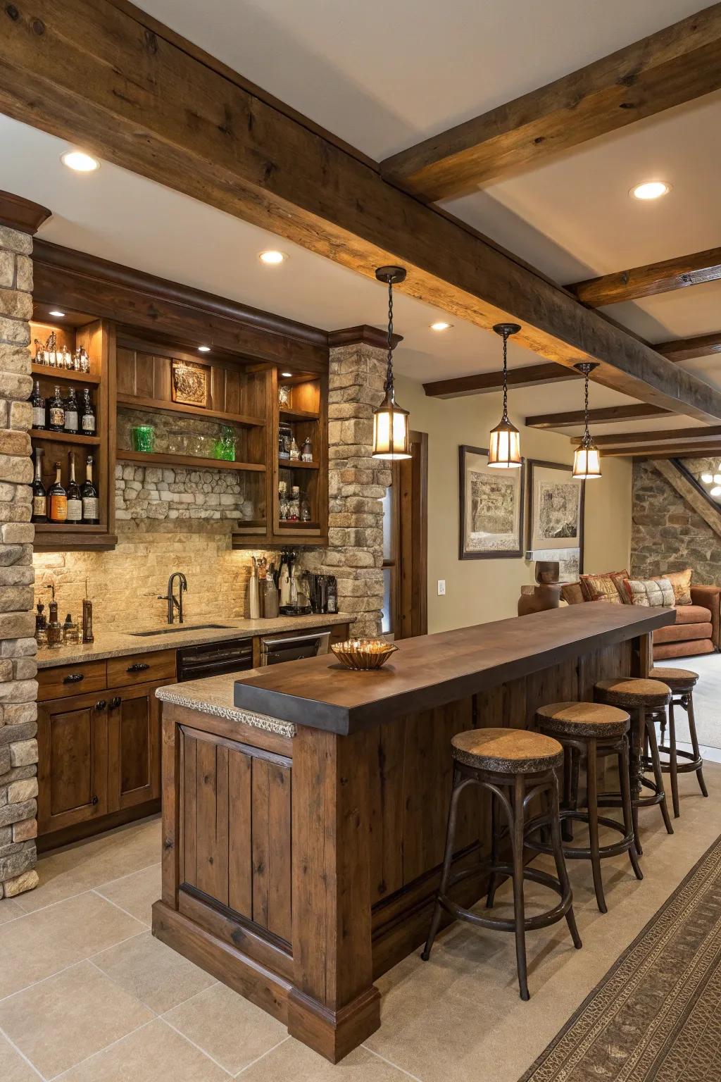 A home bar with a reclaimed material backsplash and rustic decor.