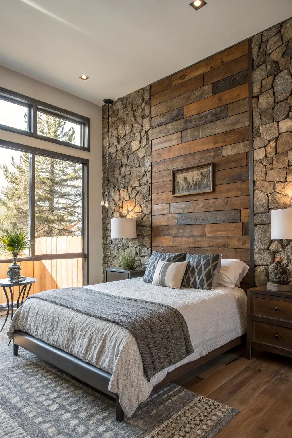 Mixed materials create a unique and artistic wall.