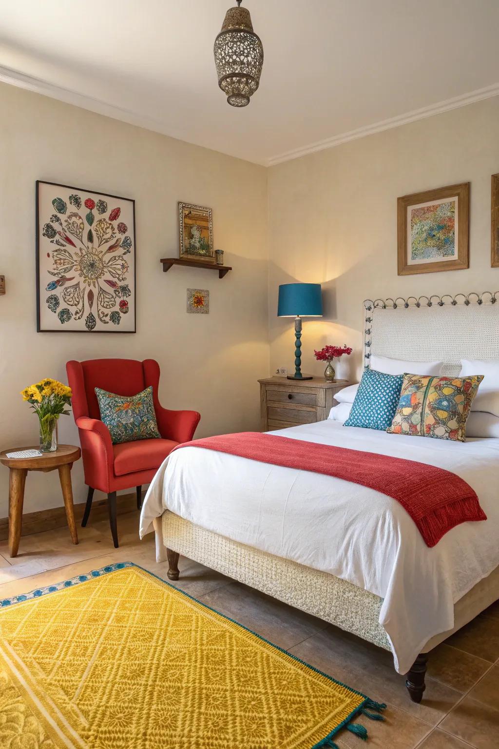 A pop of color energizes this stylish and neutral bedroom.