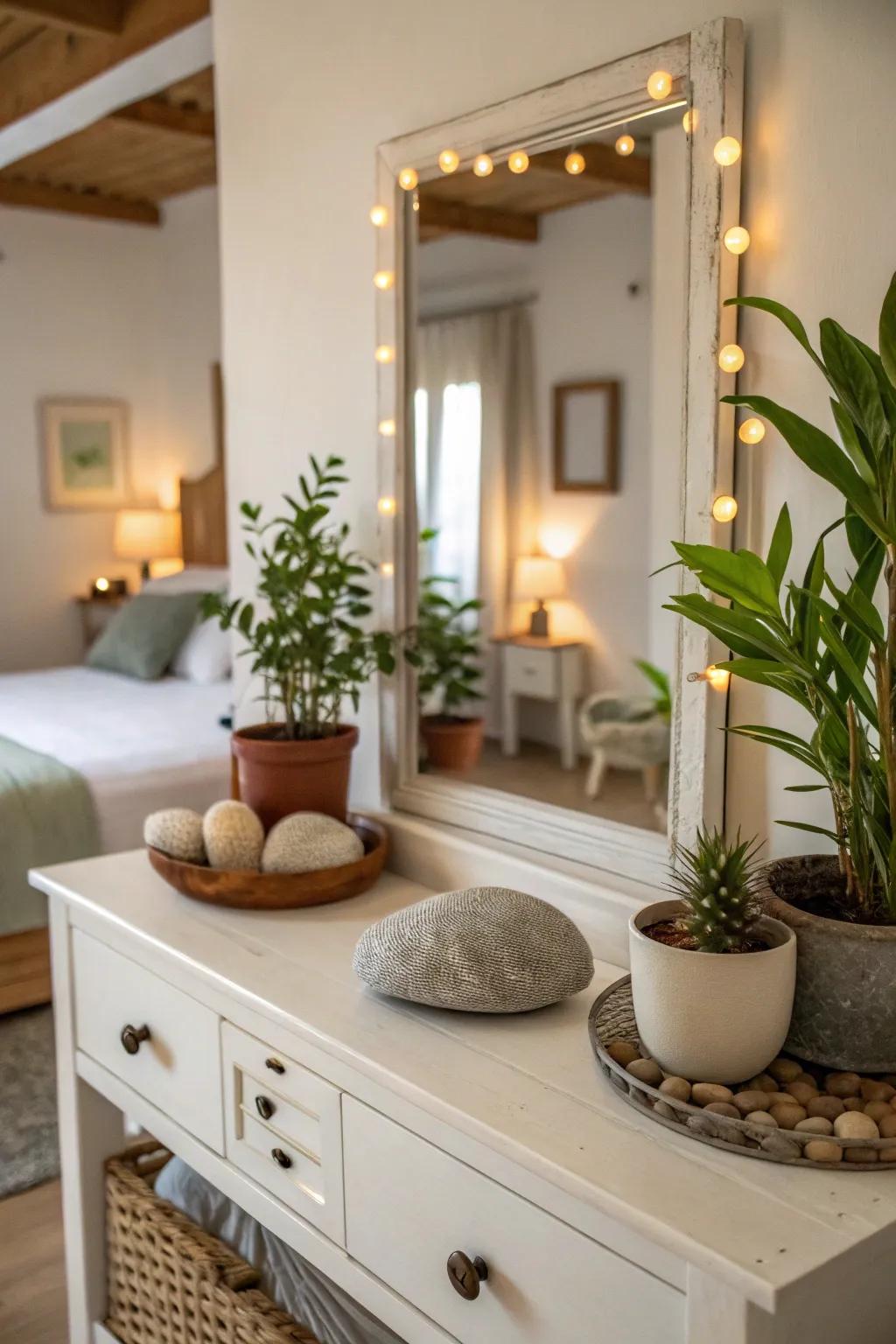 Natural accents enhancing a serene vanity area.