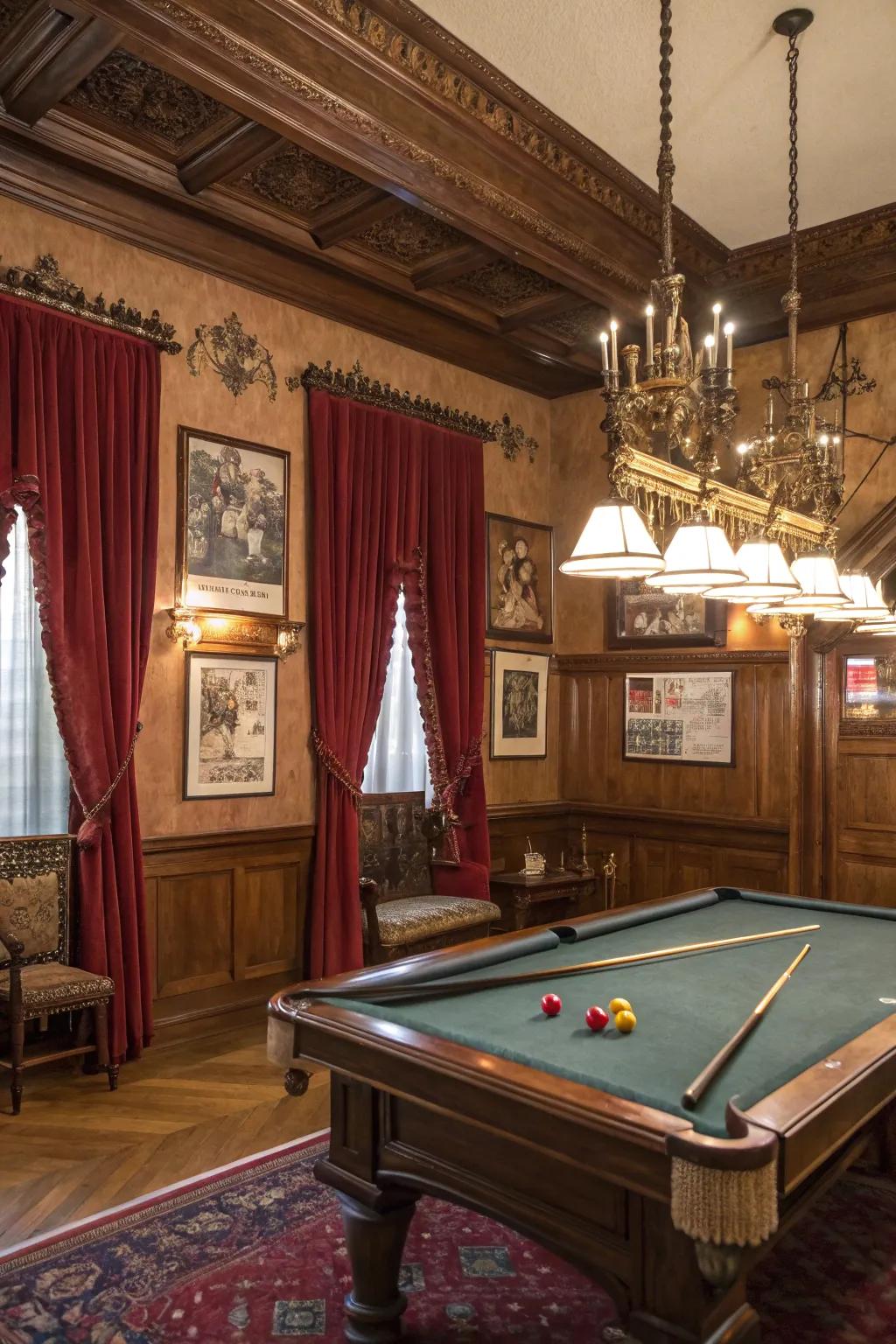 Vintage elements adding character and charm to a billiard room.