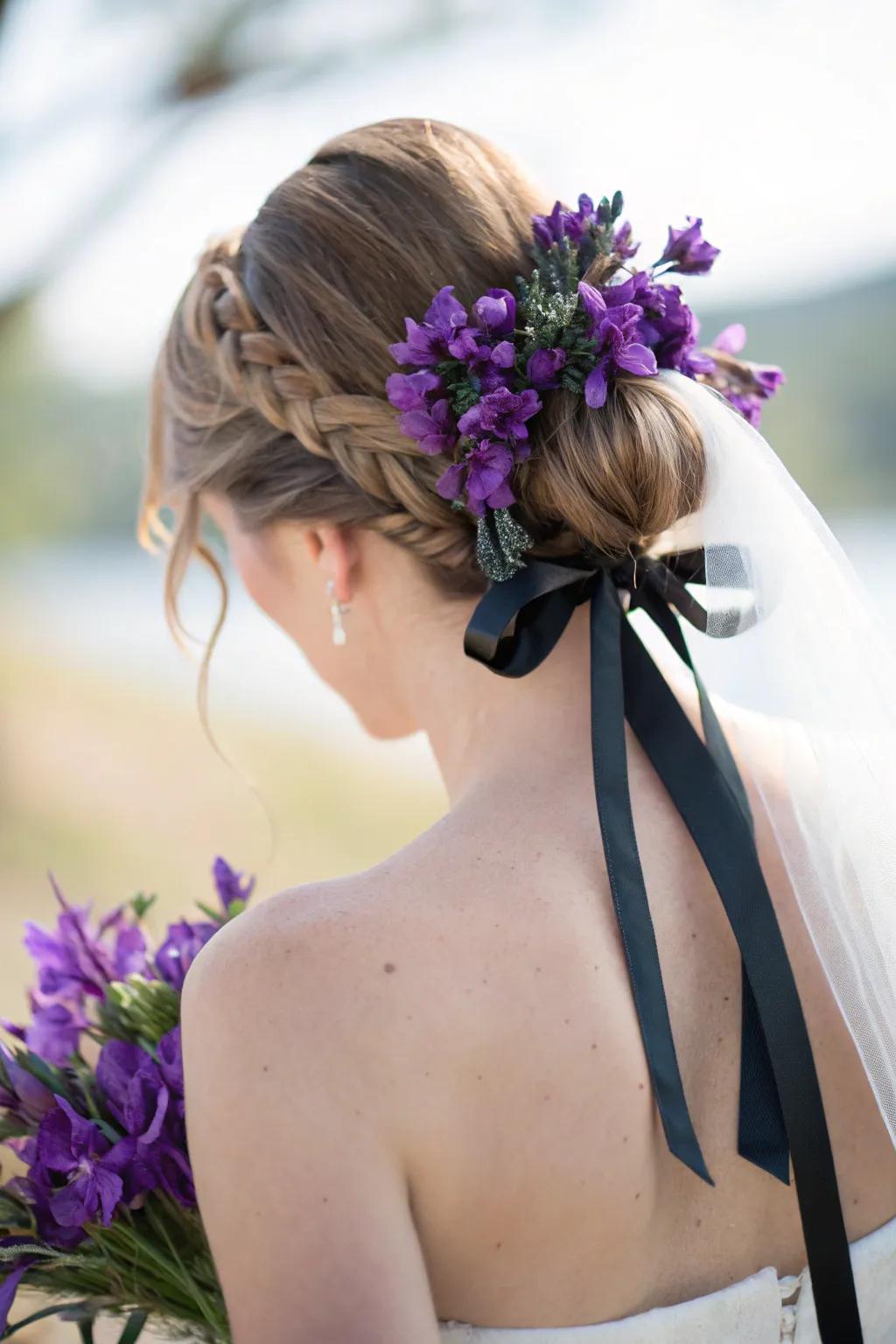 Stylish bridal hair with purple flowers and black ribbon.