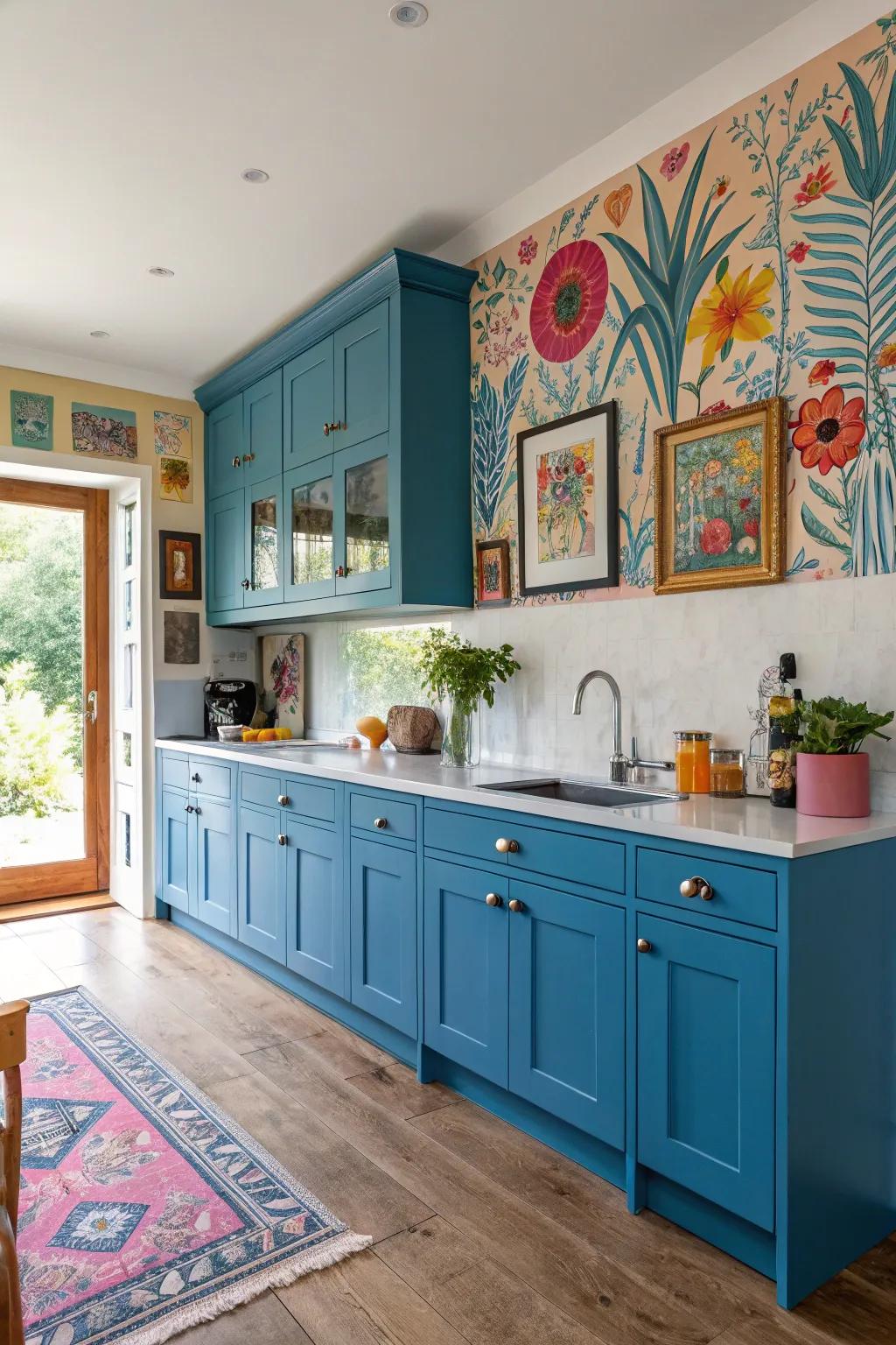 Artistic elements in the kitchen personalize the space and complement blue cabinets.