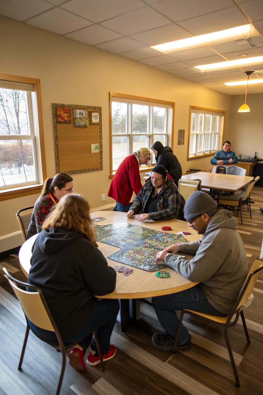 A puzzle table brings coworkers together in a shared activity.