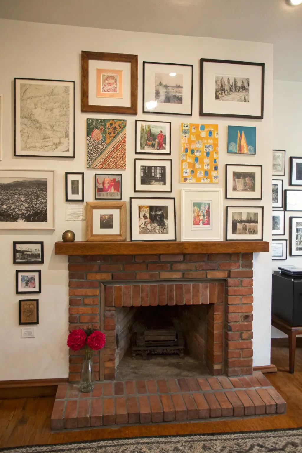 A brick hearth with an eclectic gallery wall, personalizing the space with art and photos.