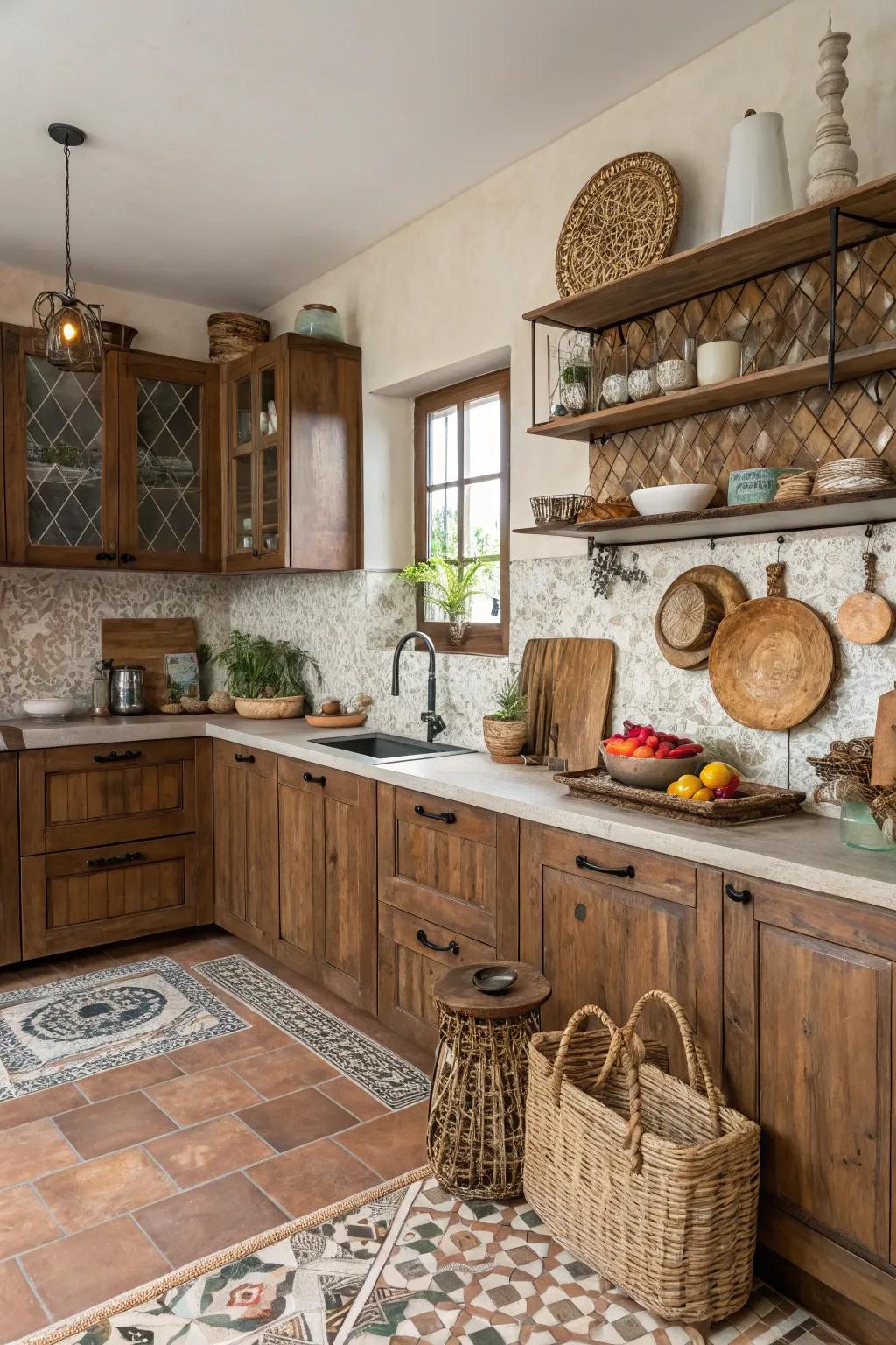 Mixed brown tones bring an eclectic, cohesive vibe to the kitchen.