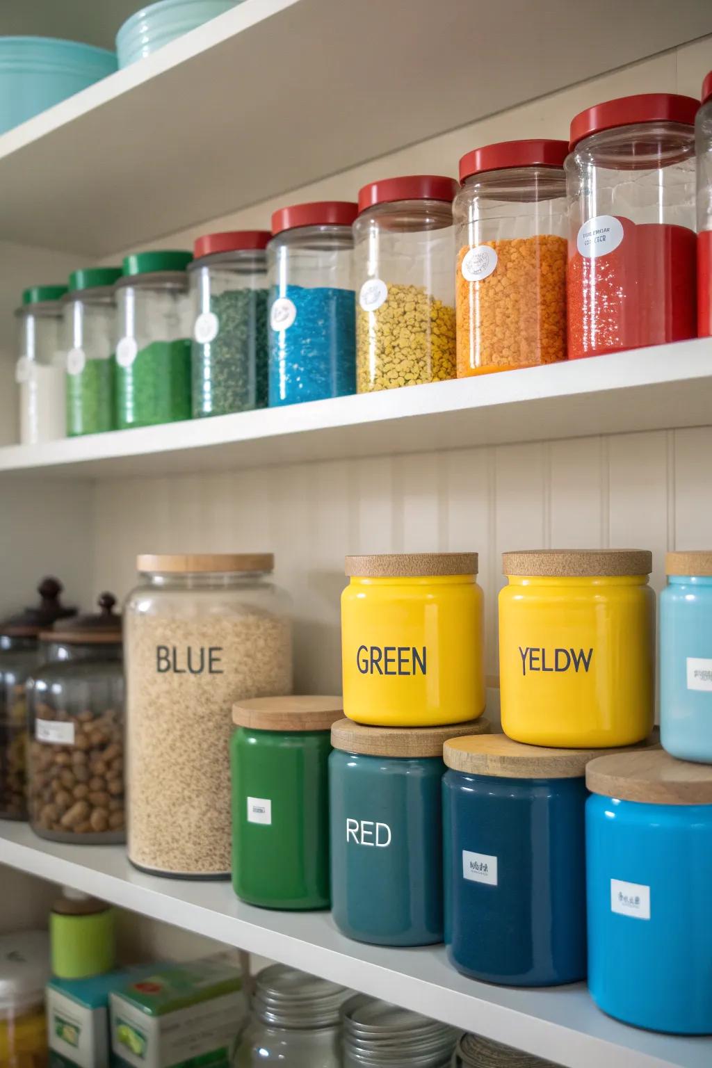 Color coding provides an organized and visually appealing pantry.