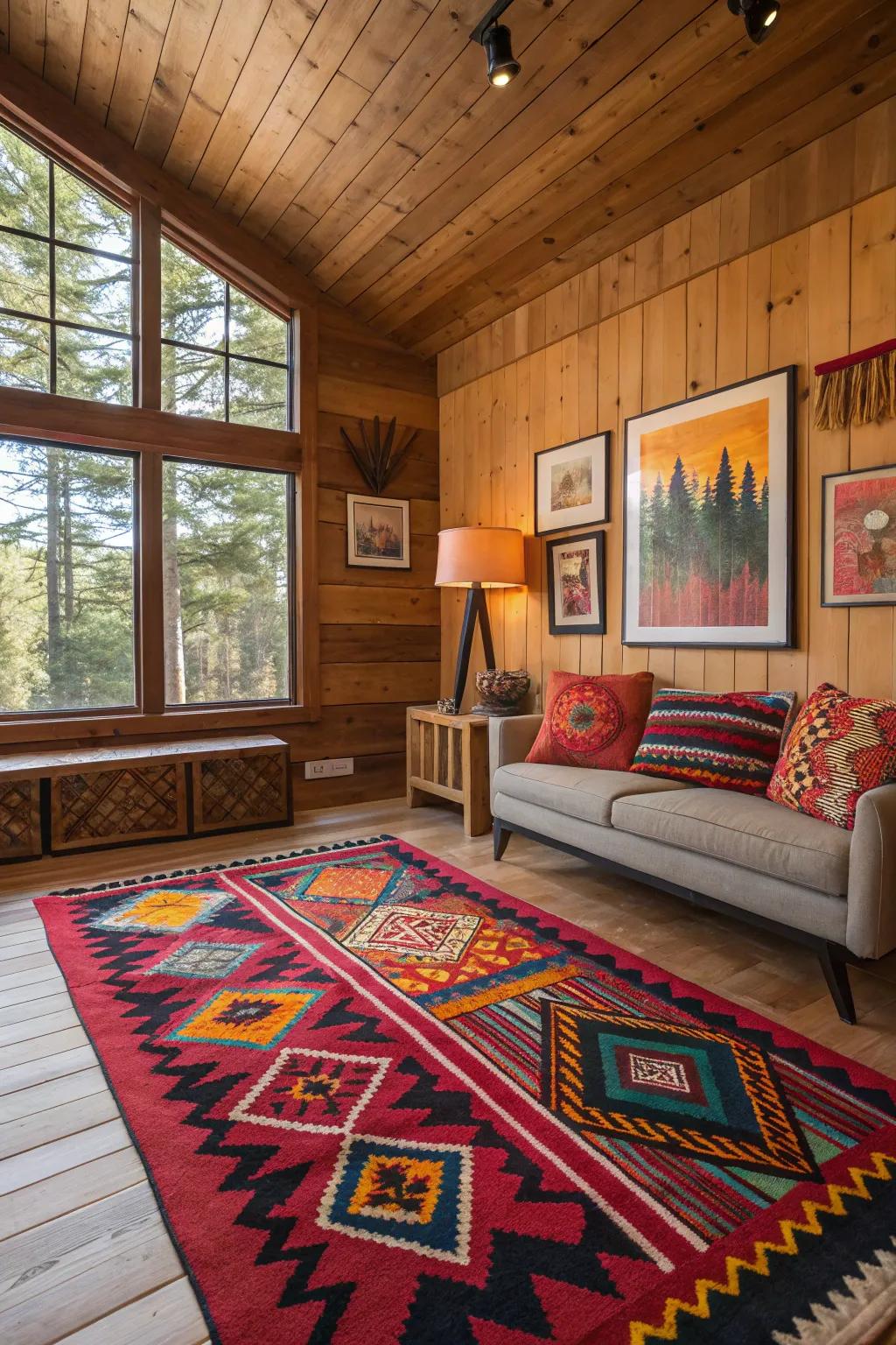 Bold accents add vibrant charm and personality to the cabin's decor.