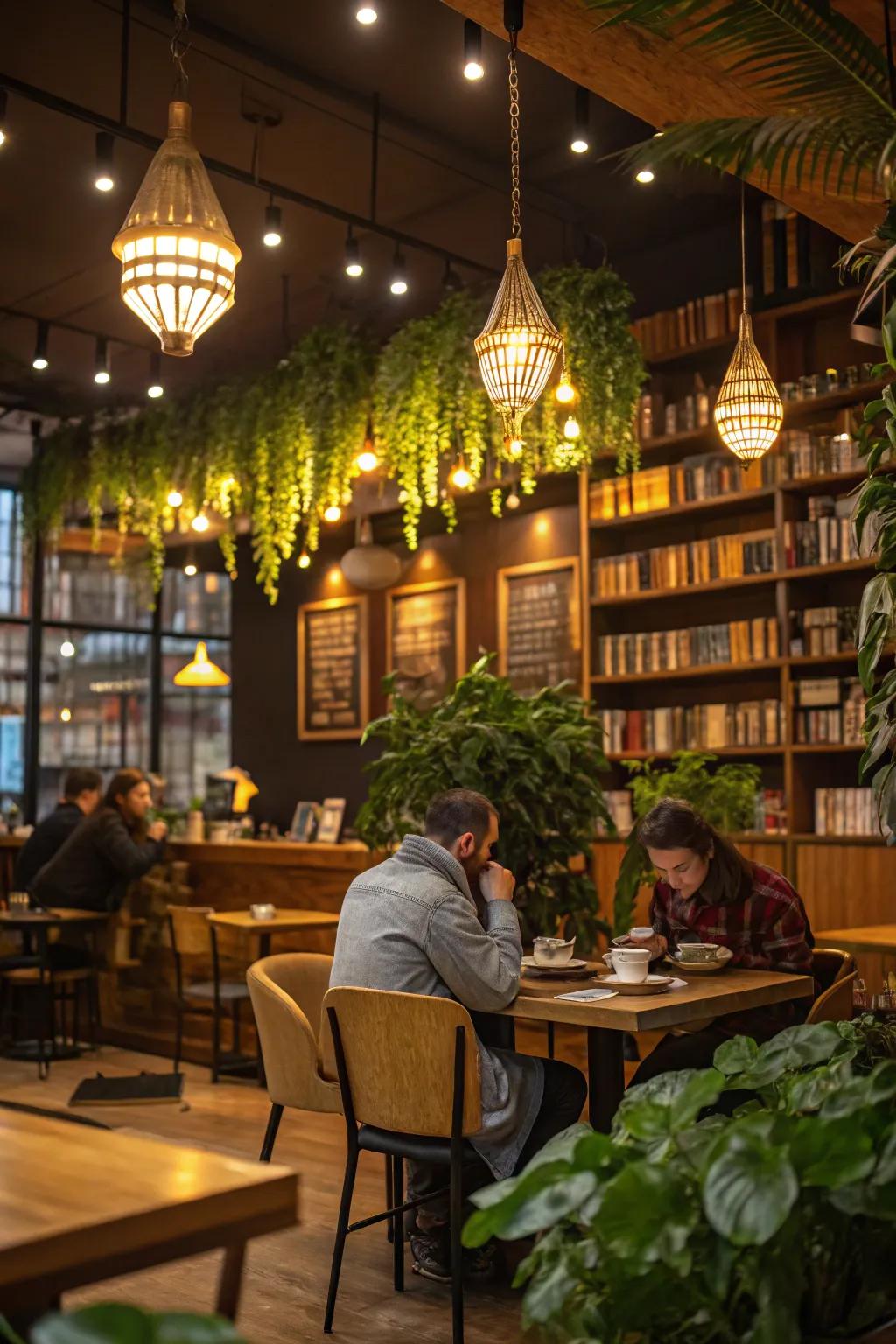 An inviting cafe interior featuring eco-friendly LED lighting for sustainability.
