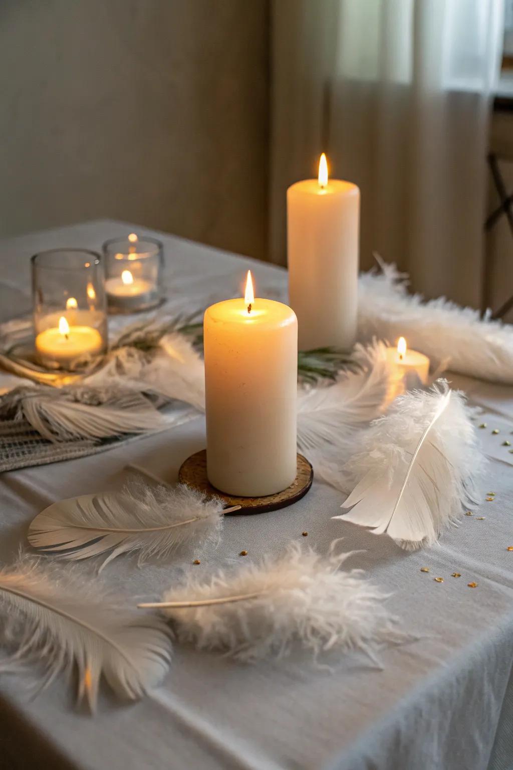 An ethereal display of candles with soft feathers.