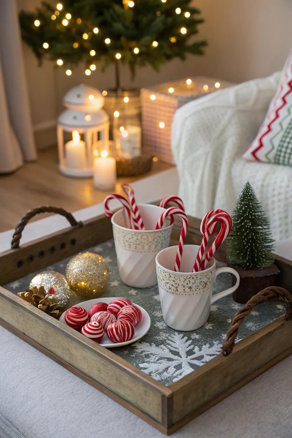 Add festive charm to your home with a candy cane ornament display.