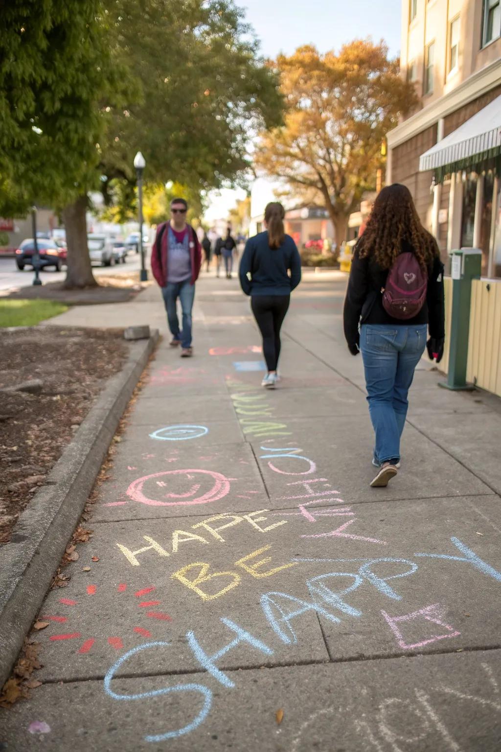 Uplifting chalk messages spreading joy and kindness.