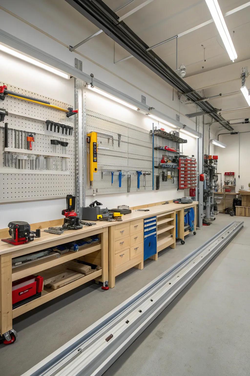 Slide rail systems provide a sleek and modern approach to clamp storage.