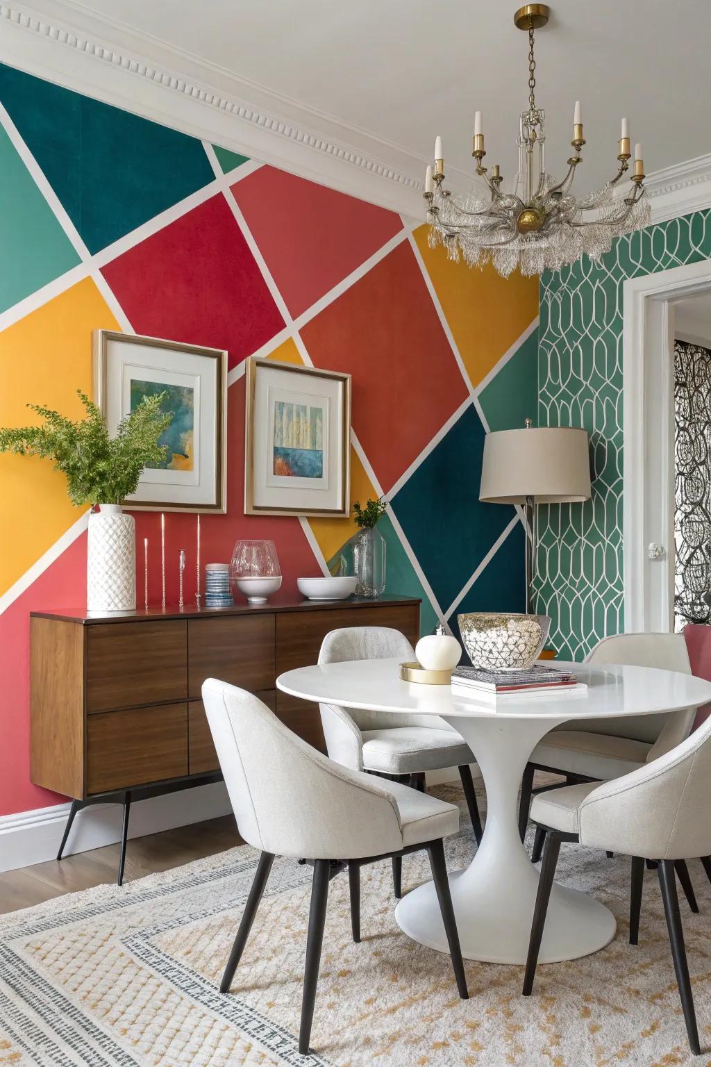 Bold color blocks create a striking visual impact in this modern dining room.