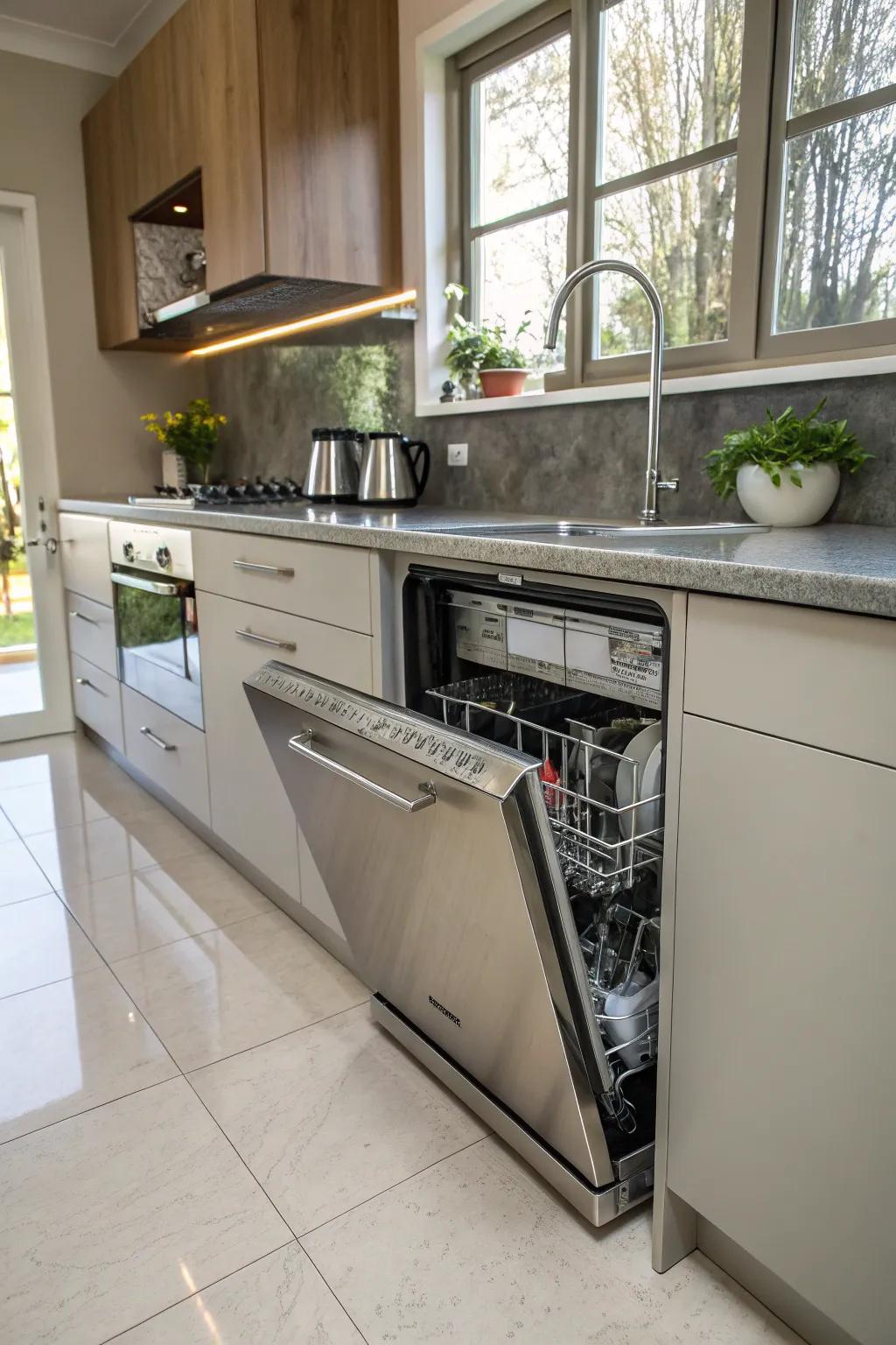 Innovative hidden dishwasher design for a seamless kitchen aesthetic.