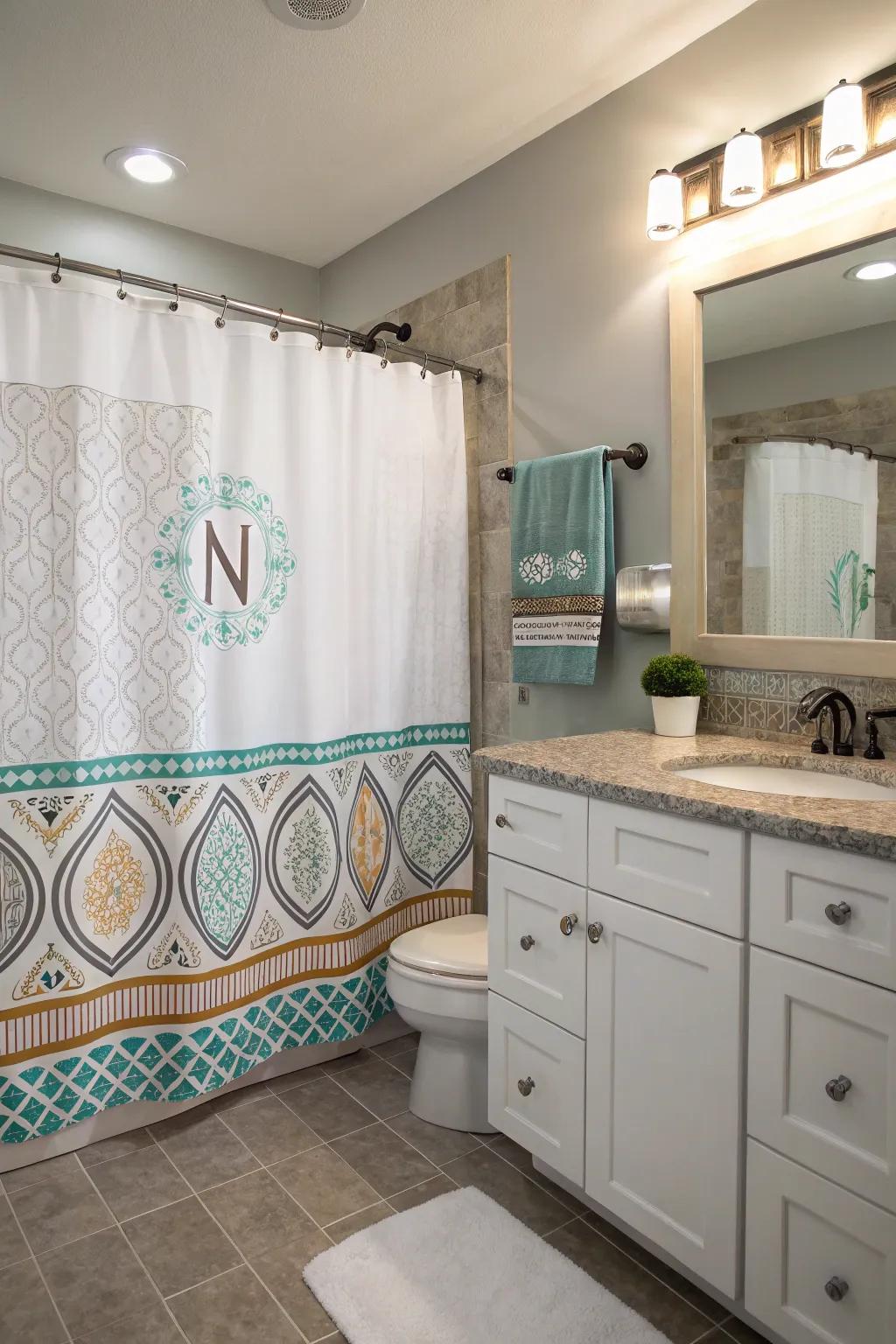 A personalized bathroom featuring a custom shower curtain with initials.