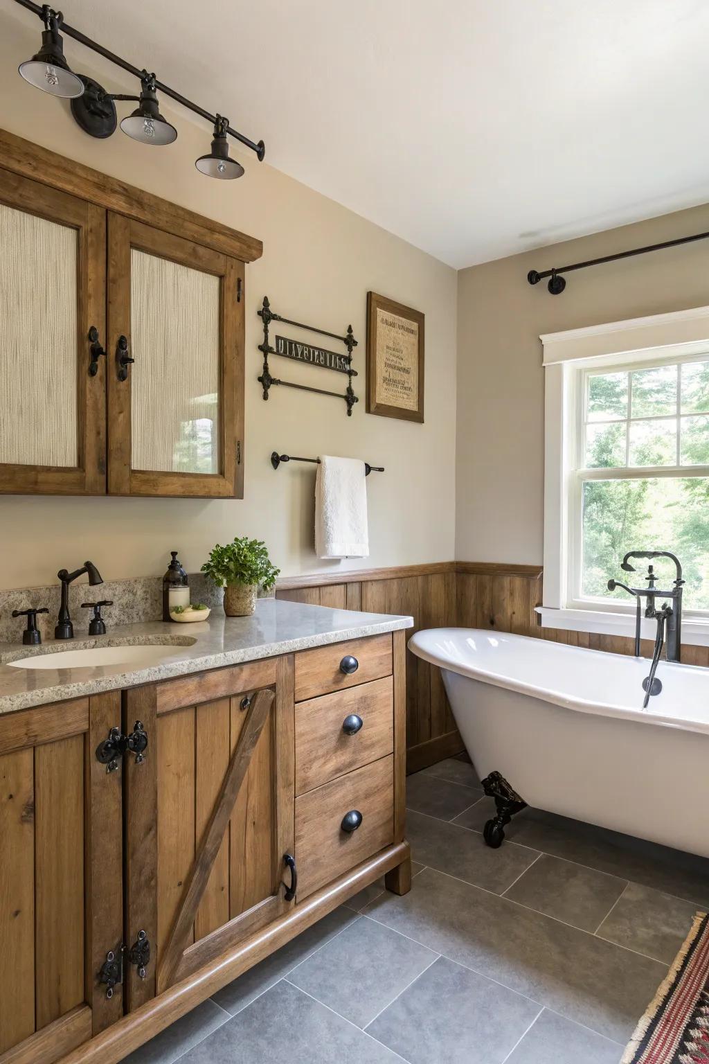 Bold hardware adds a striking detail to this farmhouse bathroom.